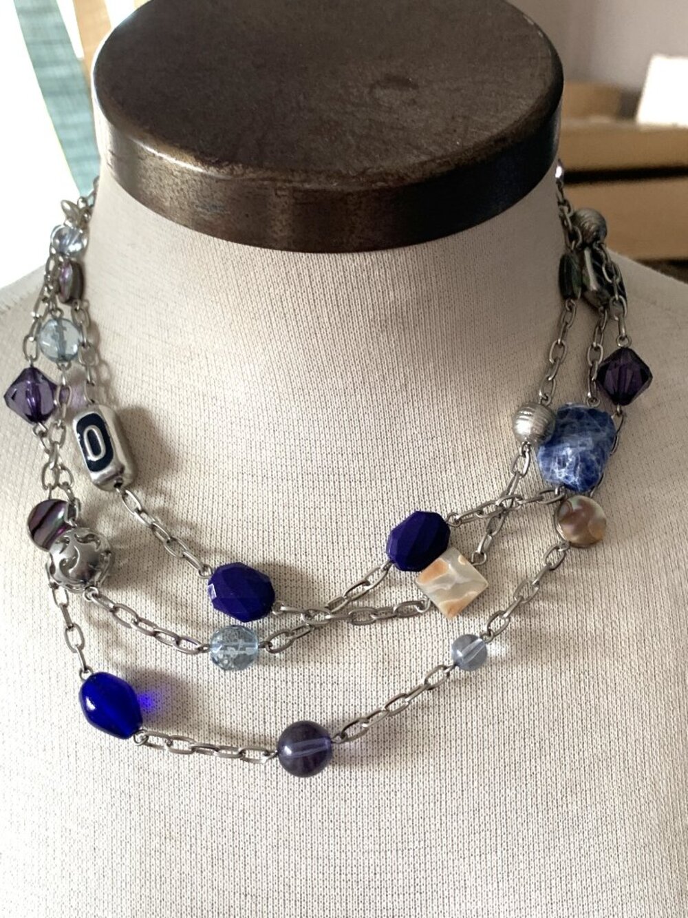 Lia Sophia “CARNIVALE” Genuine abalone Multi strand Necklace Silver & Blue 17-20